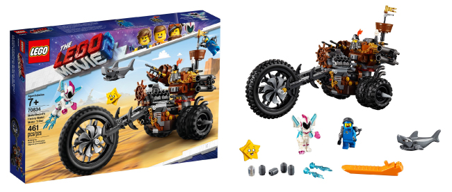 A LEGO Movie 2 playset showing the package, assembled vehicle with figures and accessories