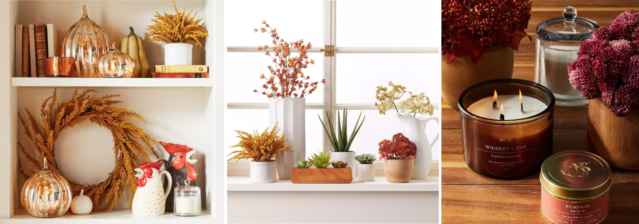 Three images showing a variety of fall decor, from pumpkins and wreaths to faux plants and candles