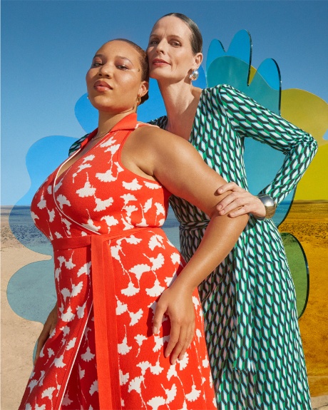 Two models pose in wrap dresses from the Diane von Furstenberg for Target collection