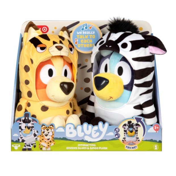 Bluey and Bingo dressed in zebra and cheetah onesies