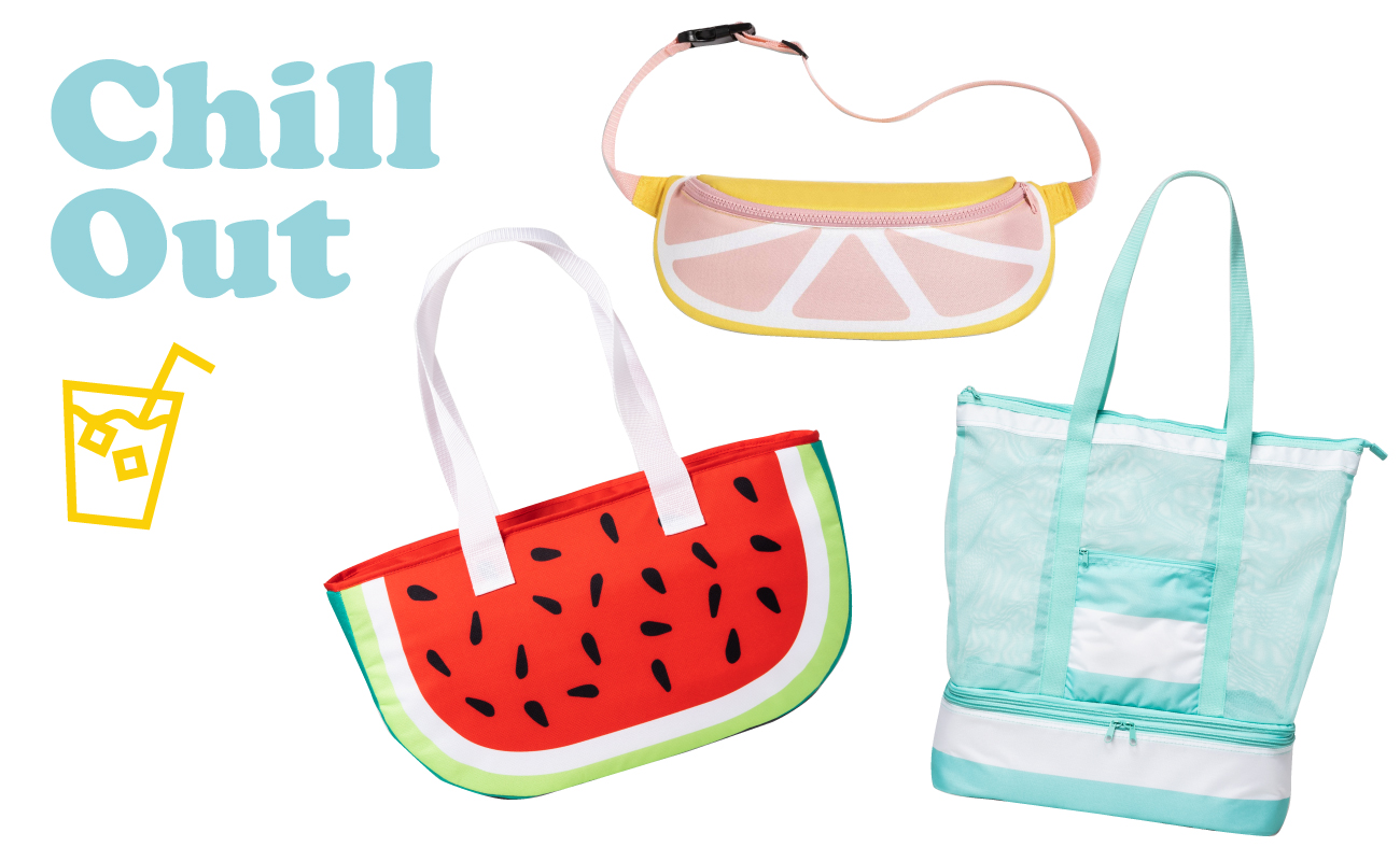 Photo collage with Chill Out text, beverage icon, grapefruit fanny pack, watermelon cooler and mesh tote with zip-off cooler