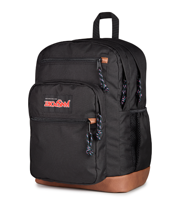 Black Jansport backpack with upside down logo.