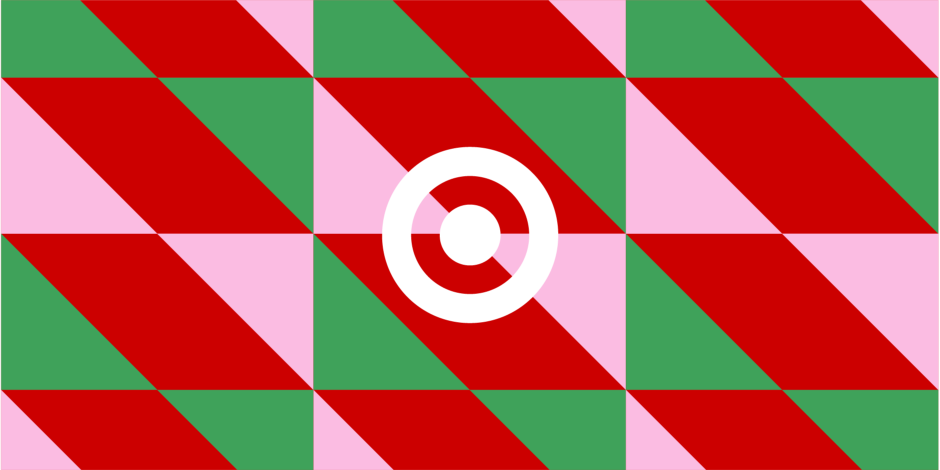 Holiday graphic with green, red and pink diamond shapes, and a white Target logo.