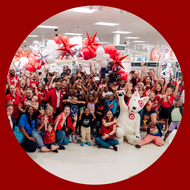 A red graphic including a photo of Target volunteers posing in a store.