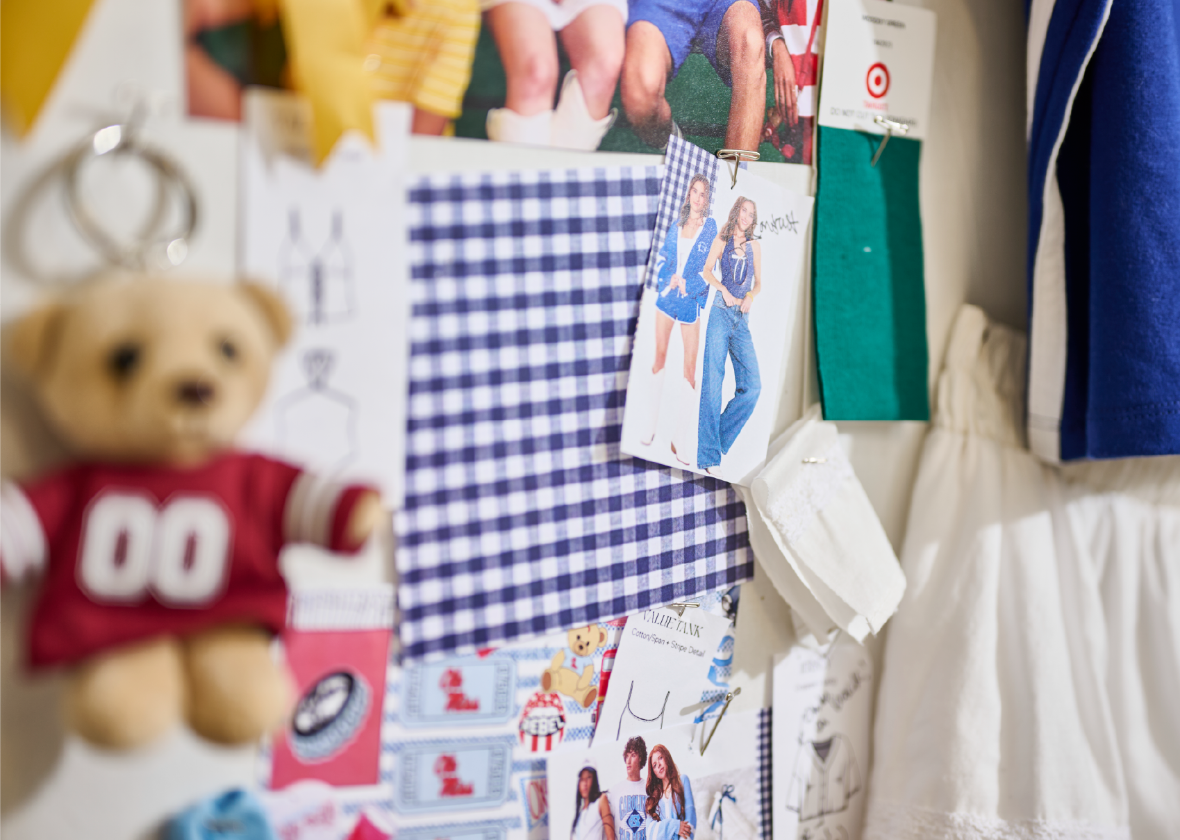 A mood board including a teddy bear keychain and a plaid fabric swatch.