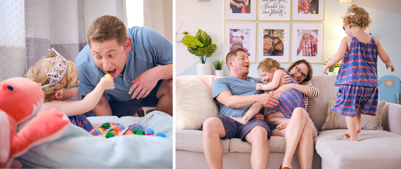 Photos show Kyle and Makenna playing and the whole family laughing on the couch in their new space