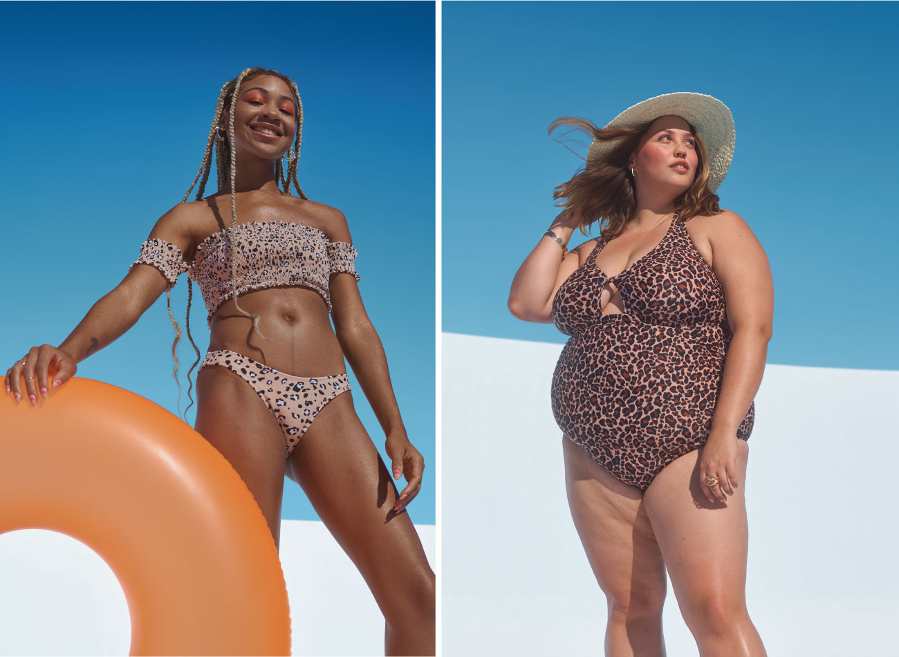 Two women wear animal print swim suits, one an off-the-shoulder bikini and one a one-piece with cut-outs