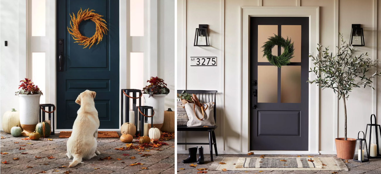 Two front doors decorated in a fall theme