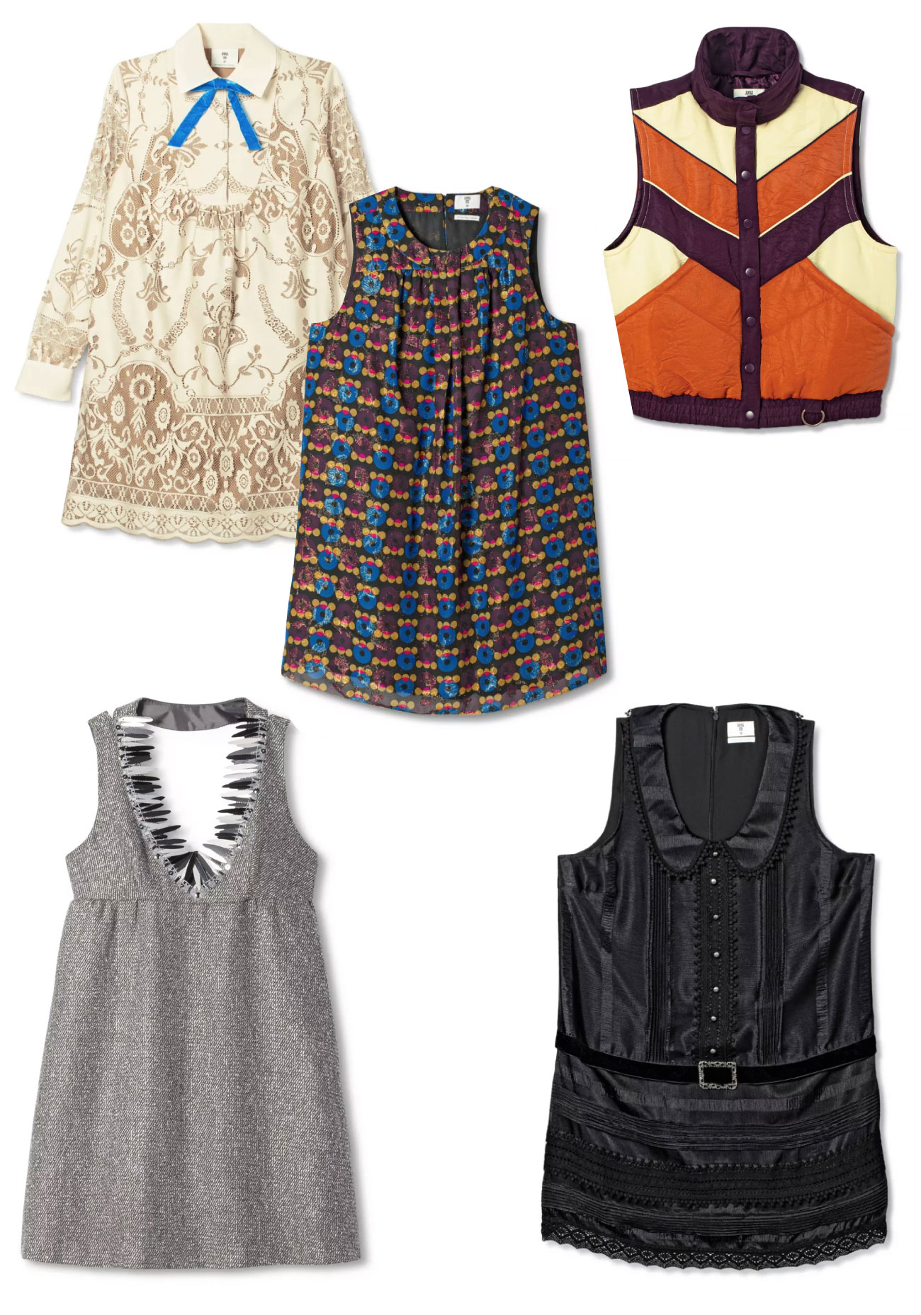 Five pieces of apparel from Anna Sui including tops, dresses and vests