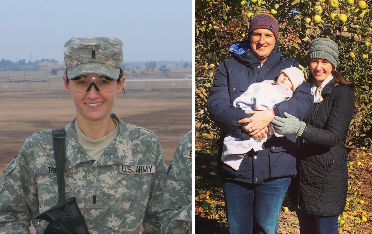 A split photo shows Katherine in Army attire, alongside a photo of her with her family