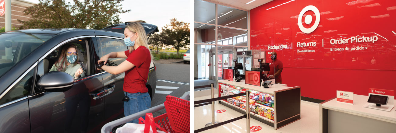 A two-photo collage featuring a woman in her car picking up her Target order from a woman in a face mask on the left and a man in a red shirt standing inside a Target store with red background on the right.