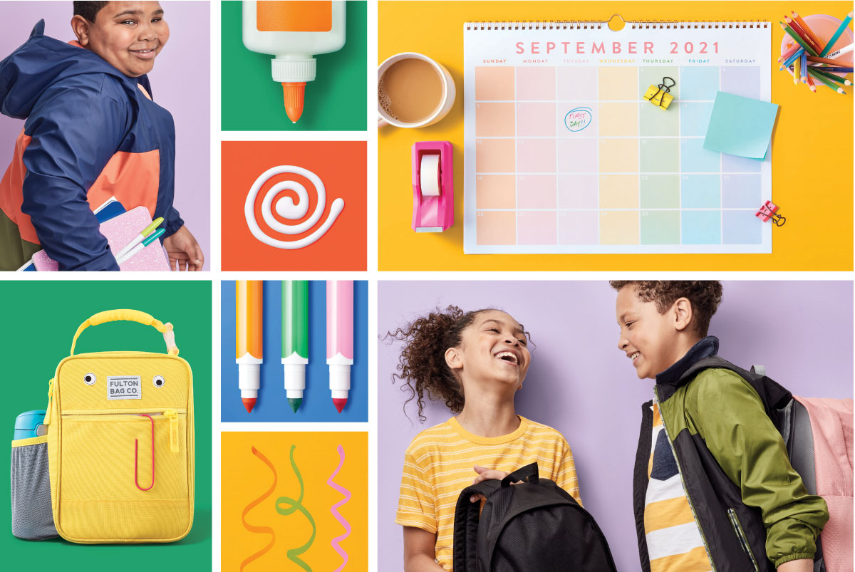 A colorful collage of school supplies including glue, calendar, backpacks and markers with smiling students.