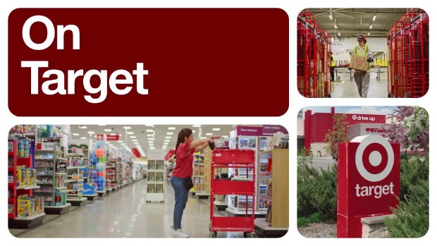 A video still with three images of Target stores and sortation centers and text that says "On Target."