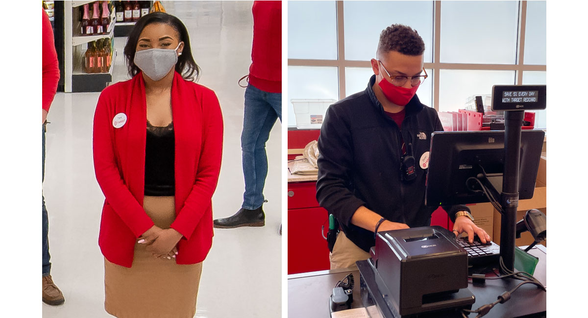 Two images side by side. At left, a Target team member in red with a name badge and a mask stands posed for the camera. At right, a Target team member works at a cash register behind a counter.