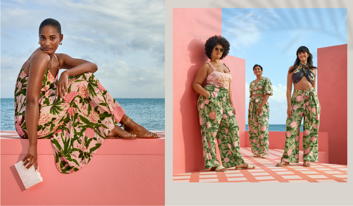 A collage showing a model in a floral dress sitting on a pink wall and three models in floral outfits.