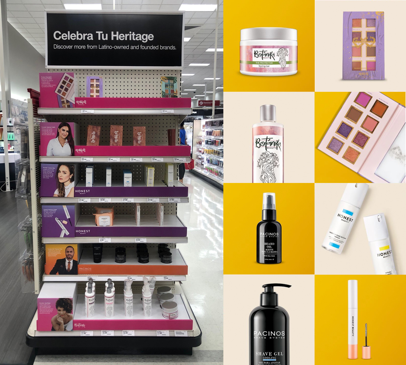 A Target store shelf holds products from Latino-owned businesses and next to it a product collage shows a close-up of packaging for Botanika Beauty and Honest Beauty, eyeshadows from Alamar Cosmetics and product bottles from Pacinos.