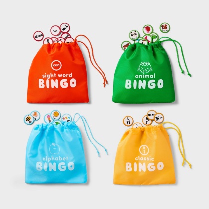 A white background displays bingo bags with bingo tiles in gameplay.