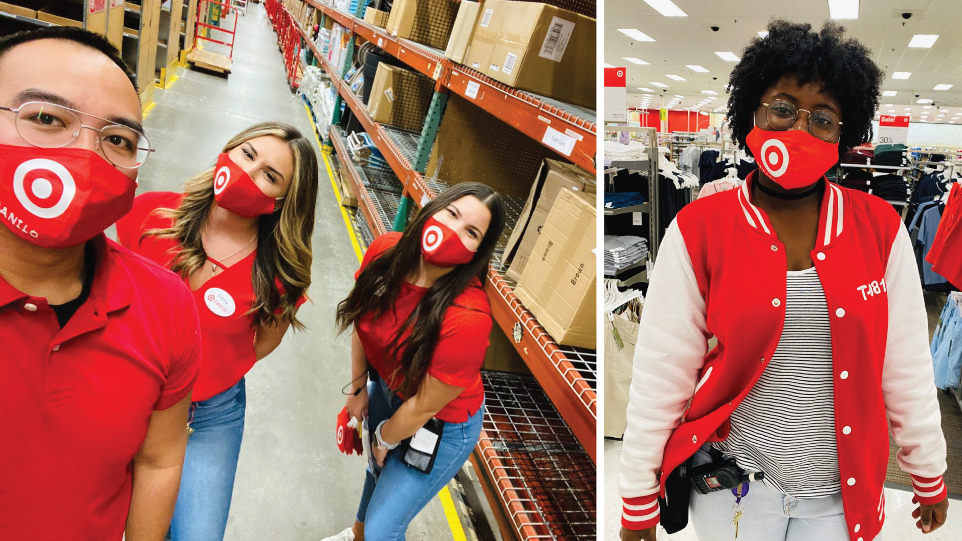 An image collage shows four Target team members wearing red masks with white bullseye logos