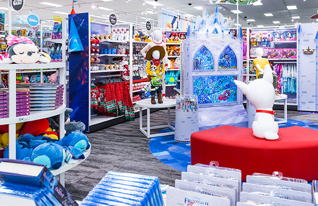 wide view of Disney store at Target merchandise and viewing area