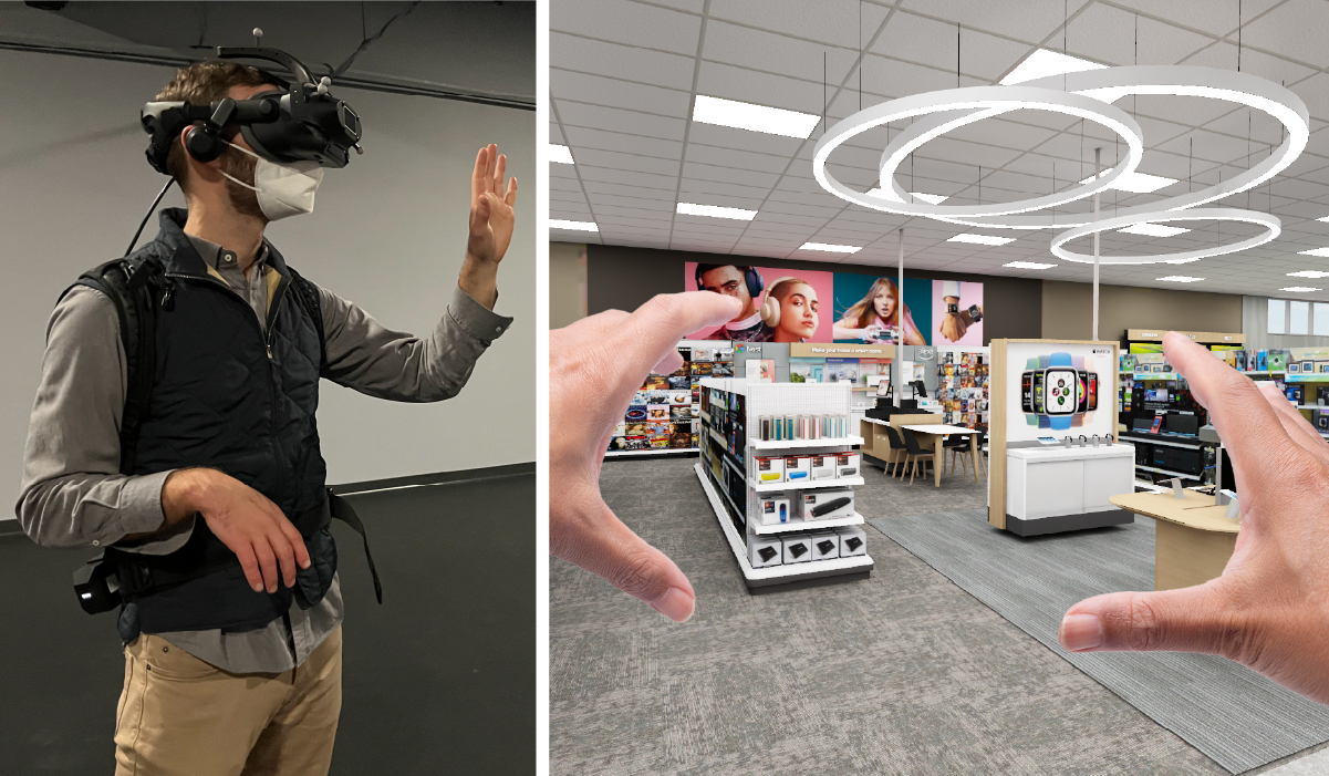 A collage of two images. At left, a person wears a black VR headset and black vest in a large empty room. At right, a digital representation of aisles inside a Target store, with a person’s hands in the foreground.