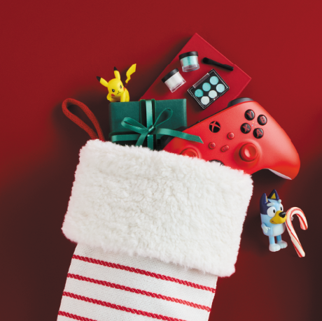 A stocking filled with toys.