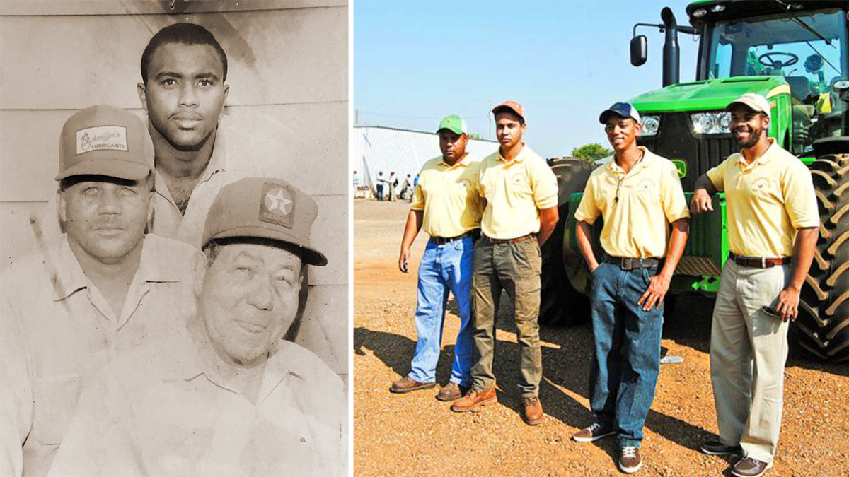 Bridgeforth farmers then and now. At left the previous generation of farmers; right: the current Bridgeforth farmers.