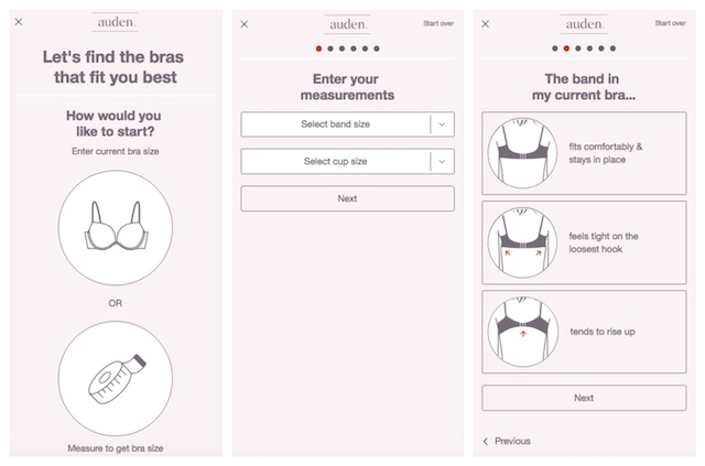 Three shots of the Find Your Fit tool