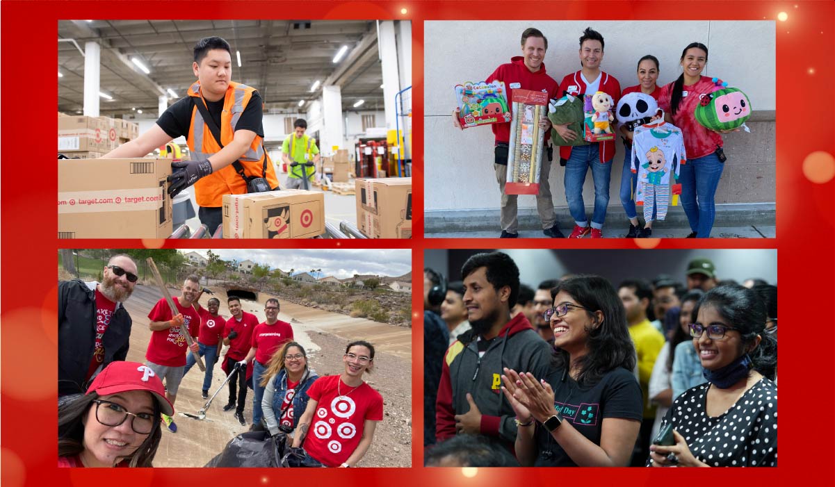 Target team members packing boxes, holding toys, volunteering and attending the Target in India Annual Meeting.