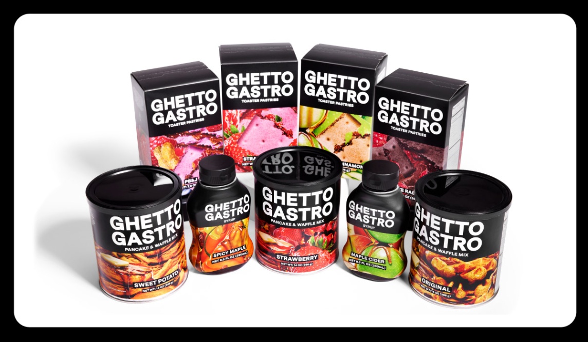Images of all nine Ghetto Gastro products, including different flavors of pancake mix, syrup and toaster pastries.