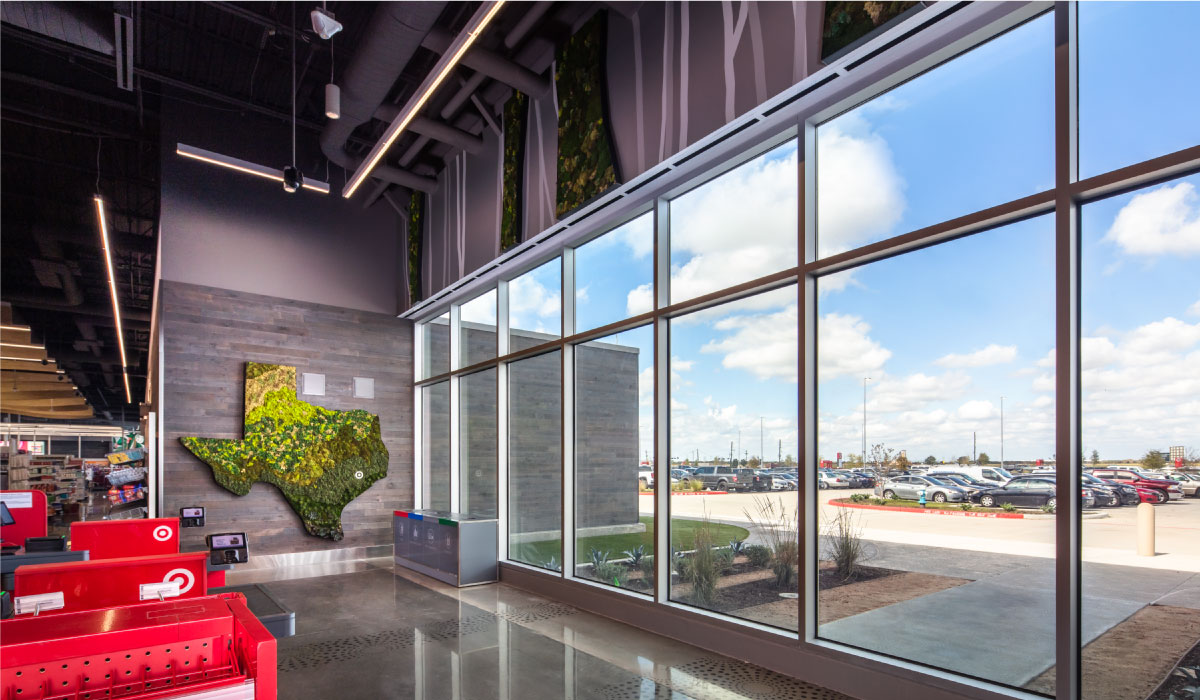 The interior of a Target store with large windows.