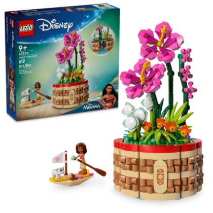 A white background displays a LEGO set showcasing a Moana-inspired flowerpot with pink flowers.