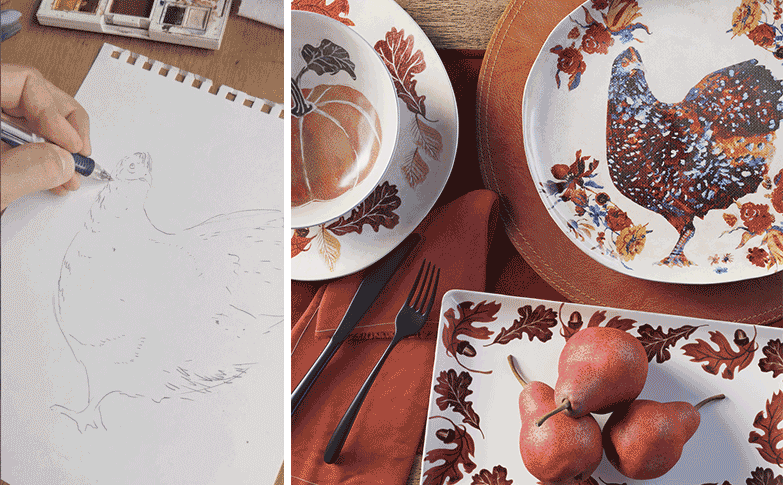 An artist's hand sketches a chicken, alongside that image on a series of plates