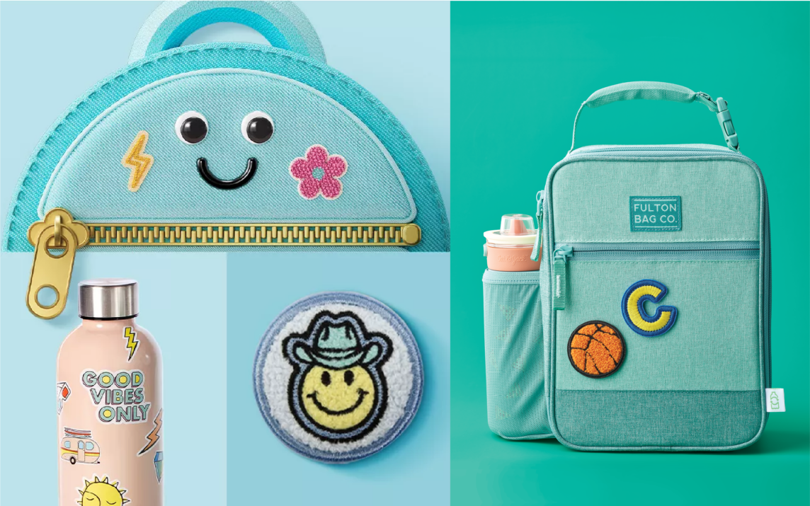 A collage of personalized back-to-school items available at Target, including water bottles, lunchboxes and patches.