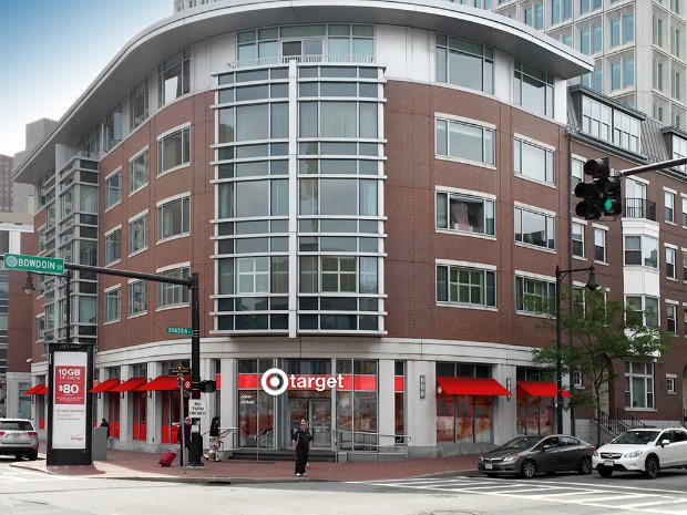 a large building with a street light