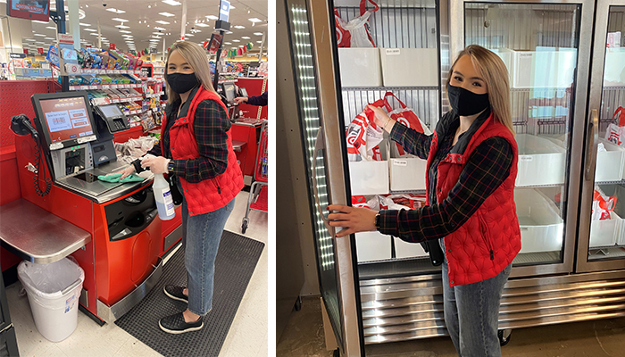 Two photos of Alyssa, one cleaning a checkout counter and the other picking up an Order Pickup bag from a refrigerator.