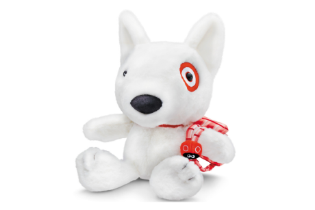 A small stuffed toy of Bullseye, the Target mascot.