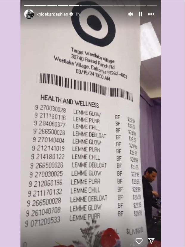 An Instagram story screenshot of a giant Target receipt with Lemme products.