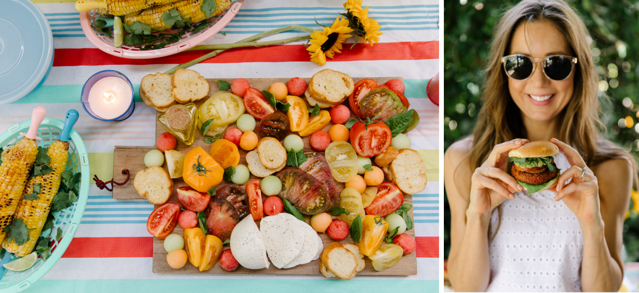 A collage of two images: tablescape and Camille in sunglasses holding a burger