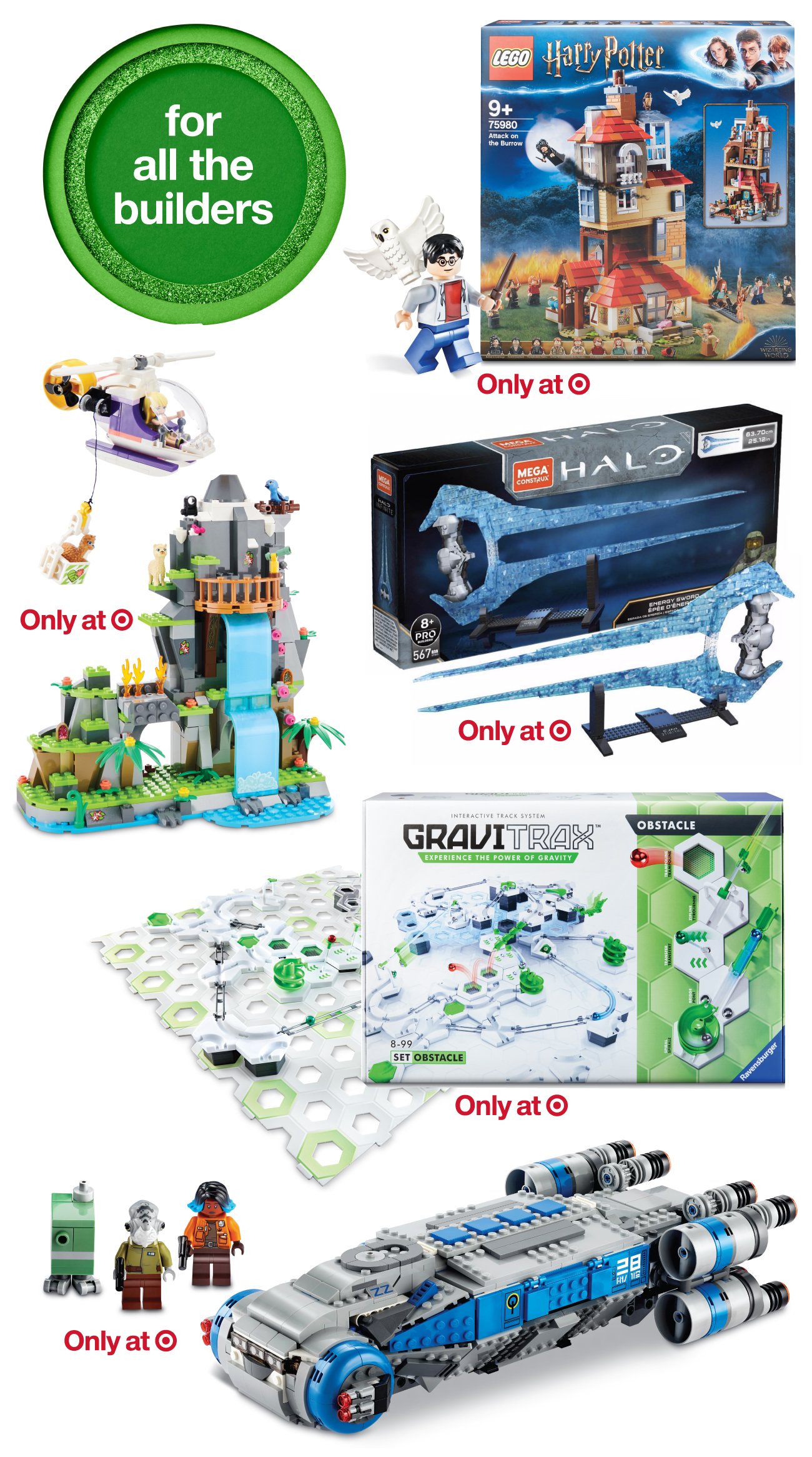 A collage of top toys and games for builders