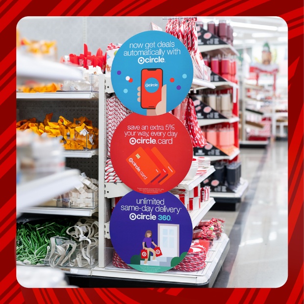 An in-store display showcasing Circle deals, 5% savings with Circle Card and unlimited same-day delivery with Circle 360