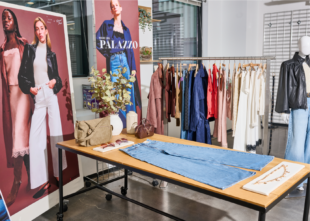 A clothing display with a pair of jeans at the center.