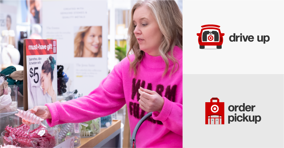 Three photos (left to right), Cara Sylvester browsing shelves while holding a red Target shopping basket, the Target Drive Up logo and the Target Order Pickup logo.