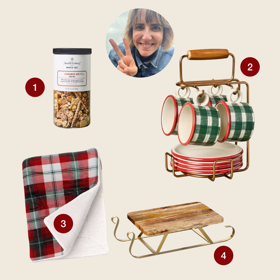 A collage features an image of Senior Designer, Lauren Dumont, and four holiday gift items: cinnamon bun snack mix, a plaid mug and plate caddy, a plaid throw blanket, and a sleigh-shaped serving board.