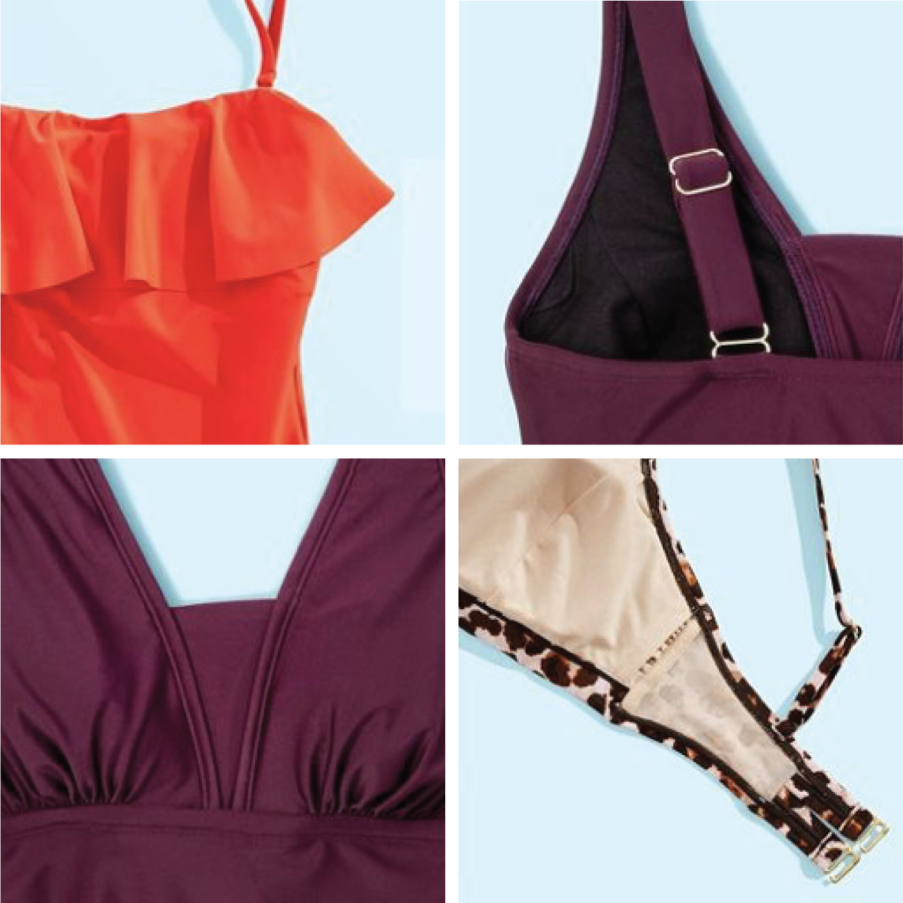 A collage of four images show up-close details of swimsuits