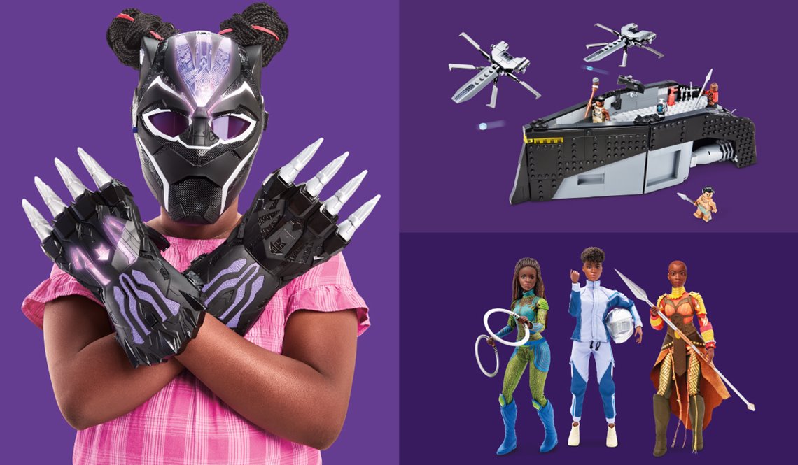 Collage of Black Panther products including a young person wearing a Black Panther mask and gloves; “Black Panther: Wakanda Forever” Royal Sea Leopard ship; Black Panther character dolls.