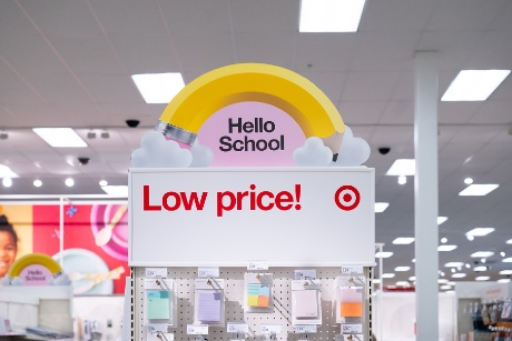 Back-to-School display featuring a sign that reads "Hello School, Low Price!"