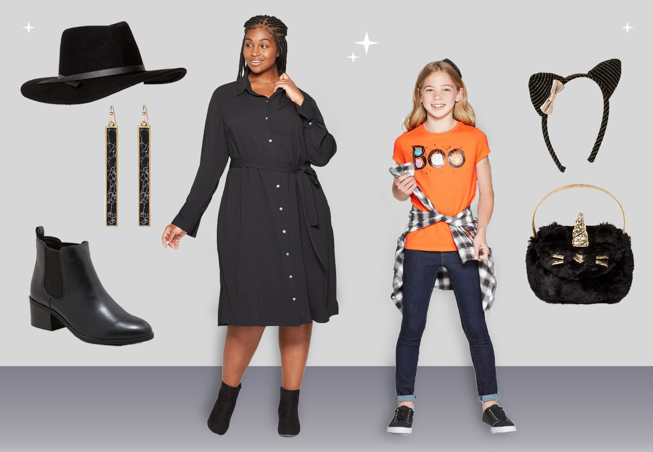 A woman and girl model Halloween outfits, while accessories are shown around them