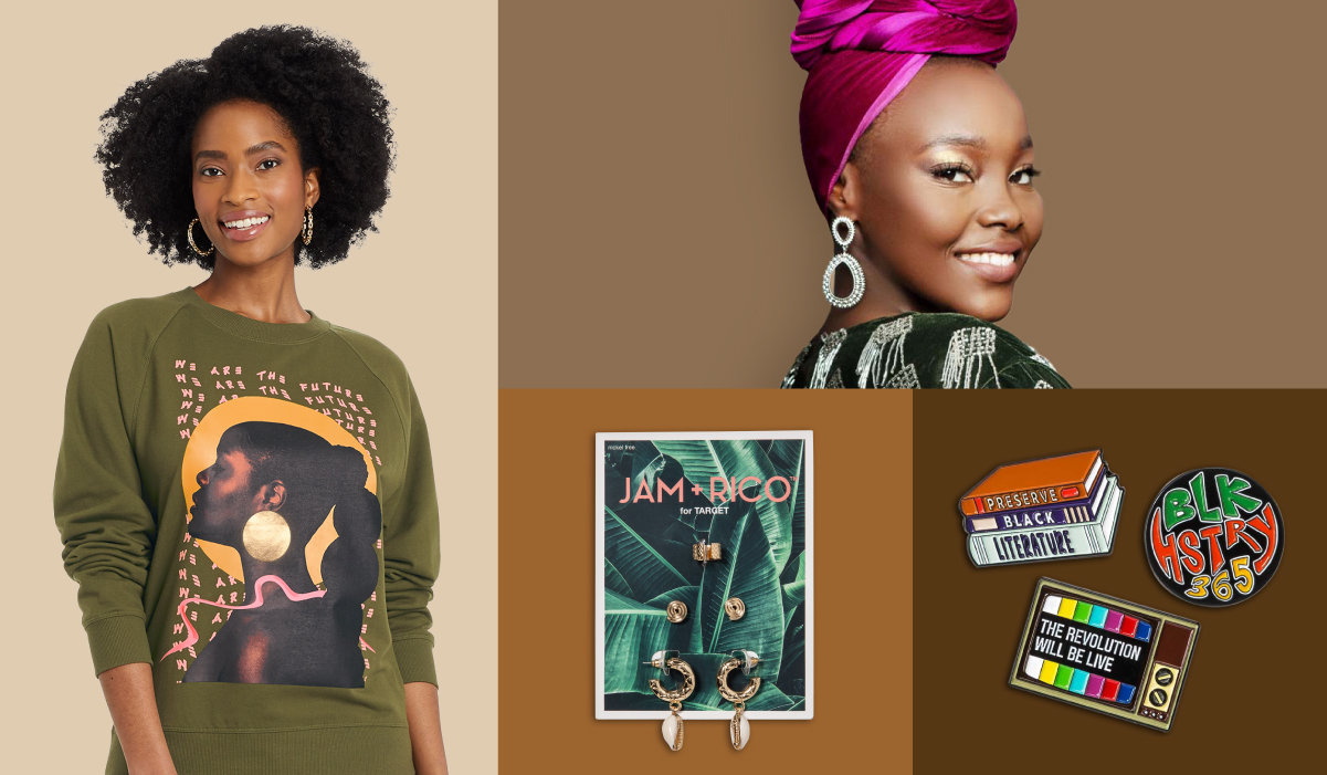 A collage of items, including a green and earth-tone hued shirt, magenta headwrap, earrings and pins.