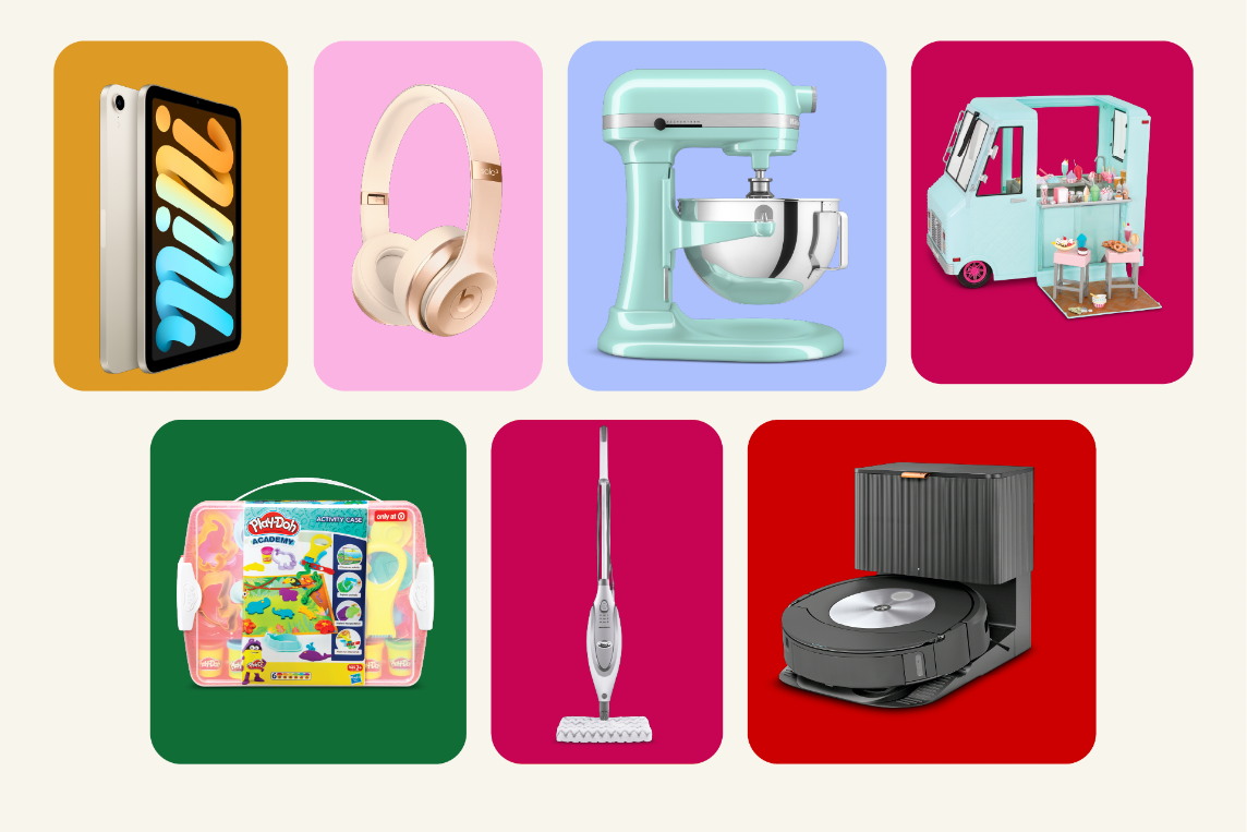 A collage of eight early Black Friday sale items, including an Apple iPad, Beats headphones, KitchenAid mixer and Play-Doh kit.