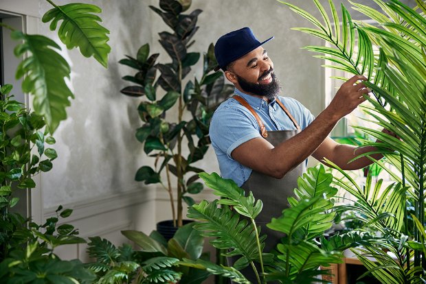 a man holding a plant